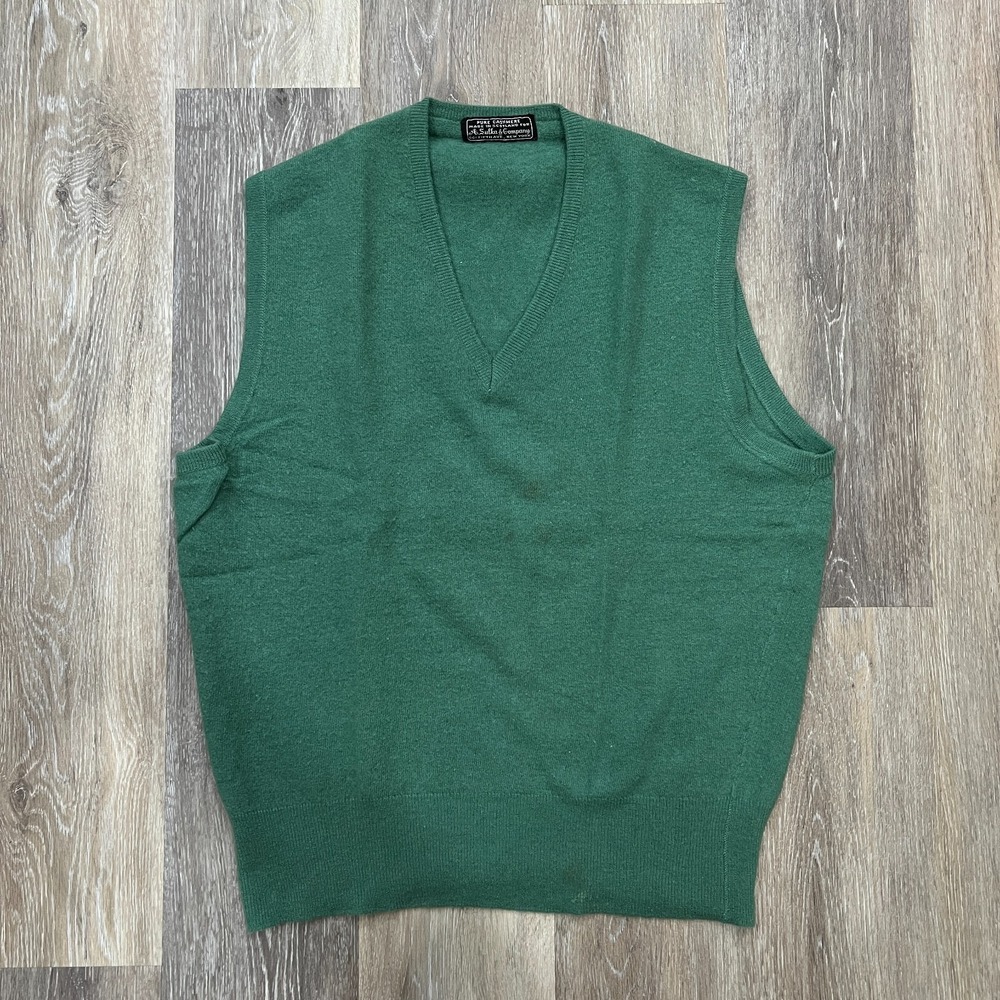 Vintage 60s A. Sulka Co Mens XL Pure Cashmere V Neck Green Pullover Sweater Vest